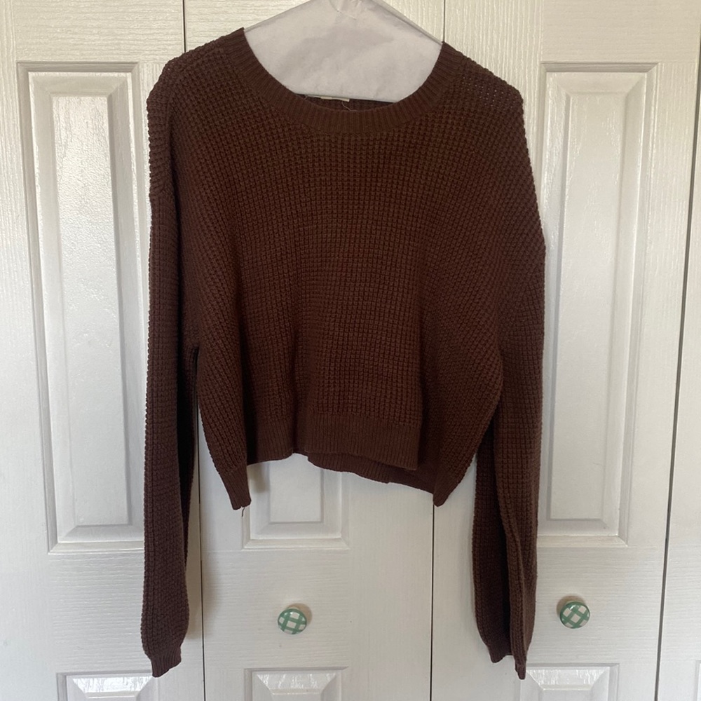 Brown crop balloon arm sweater
